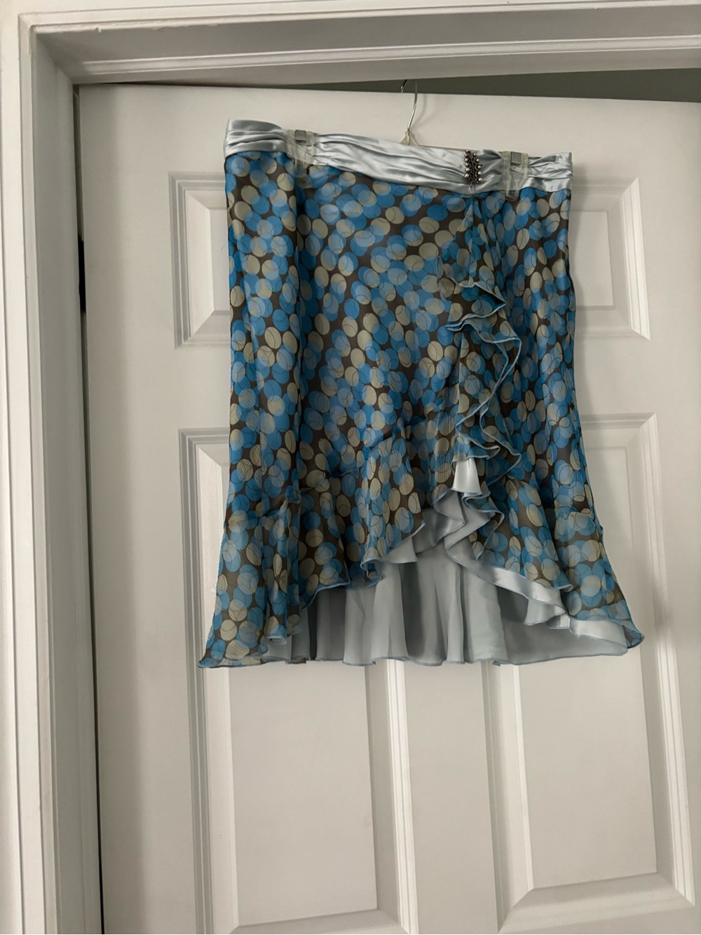 Laundry By Shelli Segal Blue and Taupe Polka Dot Silk High-Low Ruffle Skirt